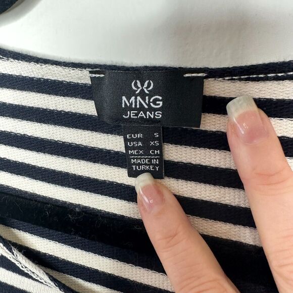 MNG Mango Black White Stripe I Do What Makes Me Happy Short Sleeve Ruffle Tee SM - Picture 4 of 9